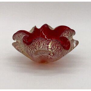 Vetro Artistico Veneziano Murano Italy Venetian Glass Red Gold Ash Tray Dish